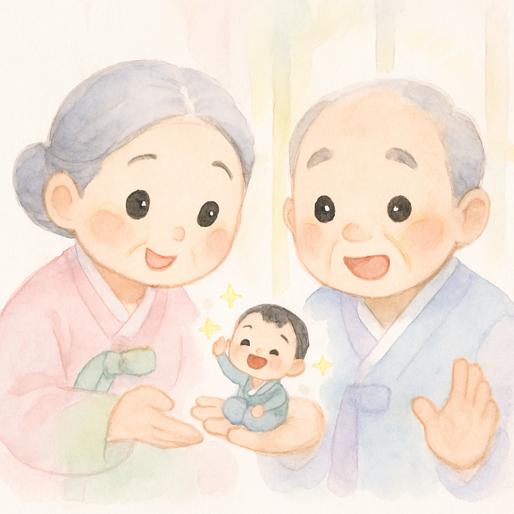 엄지손가락만 한 작은 아기가 태어나 할머니 손바닥 위에 있는 장면